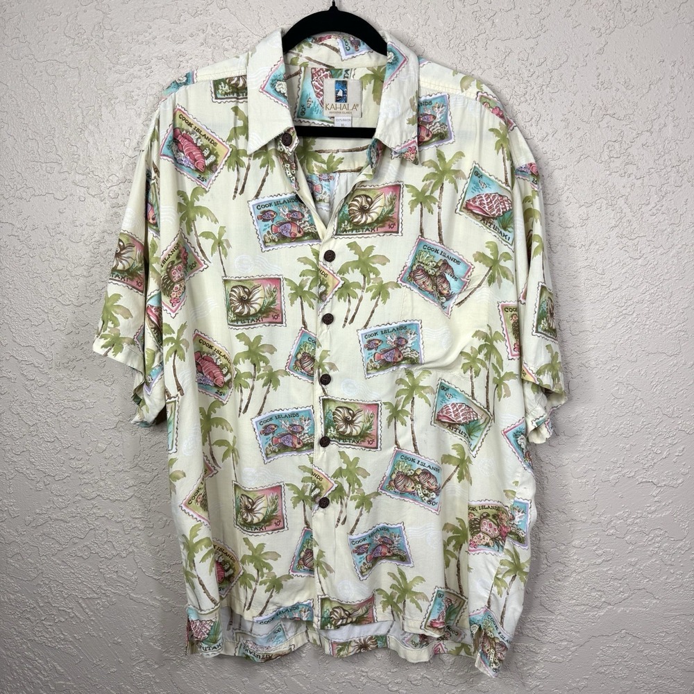Kahala Shirt Mens XL Pale Yellow PalmTrees Hawaiian Aloha Popover Beach Vacation